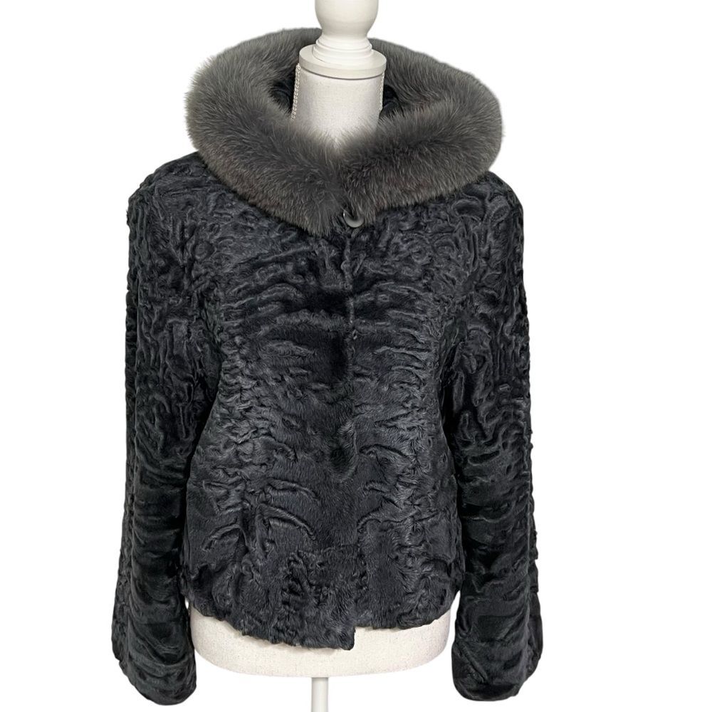 Genuine Swakara Persian Lamb Fur Parka Jacket Sz 14 Dyed Fox Trim Womens